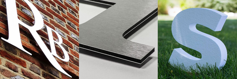 Left to Right: White or Black Alupanel / Brushed Silver Alupanel / Large Foam Letters/Numbers. Different thicknesses. Hot Wire Foam Cutting. White or Black Alupanel / Brushed Silver Alupanel / Large Foam Letters/Numbers. Different thicknesses. Hot Wire Foam Cutting.
