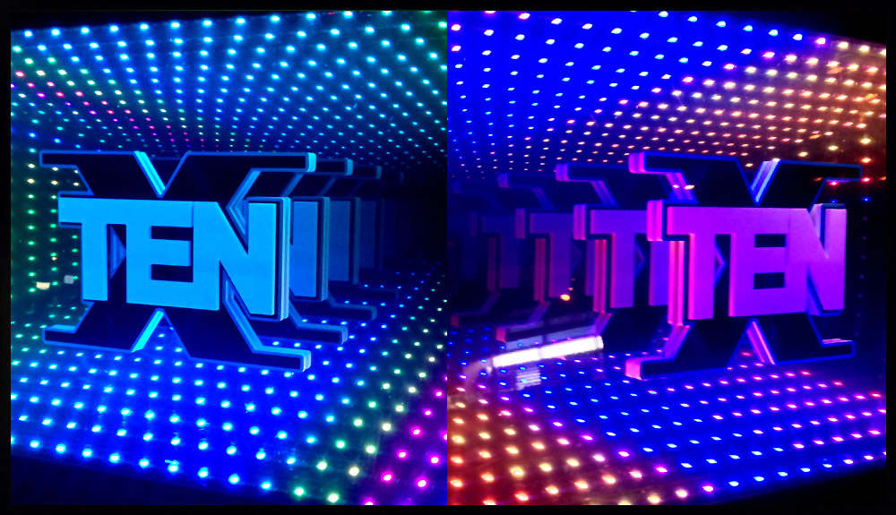 A multi layered sample: Two layers of die-cut white Acrylic, one with Cut-Vinyl on top. Displayed inside client's Infinity Mirror. A multi layered sample: Two layers of die-cut white Acrylic, one with Cut-Vinyl on top. Displayed inside client's Infinity Mirror.