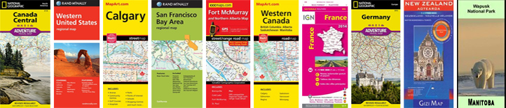 Many Maps and Guides in Stock for World, Regions, Countries, States or Provinces, Cities - Local and International.