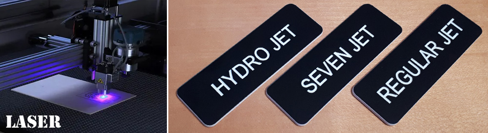 Left: Laser Engraving in progress, amazing quality and detail - Right: White Letters Laser Engraved on Black Plexi / Plastic Left: Laser Engraving in progress, amazing quality and detail - Right: White Letters Laser Engraved on Black Plexi / Plastic